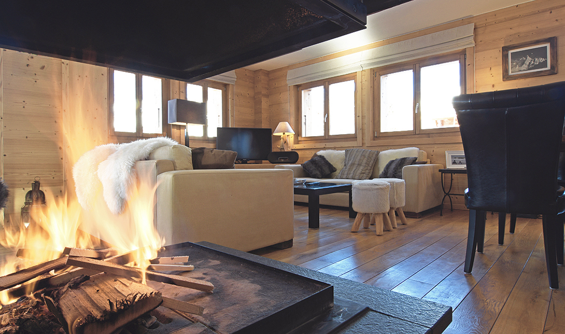 open fire place in chalet