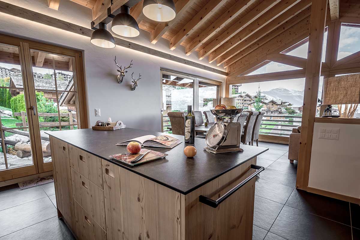the kitchen of a swiss chalet in switzerland